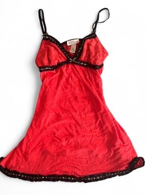 La SENZA Red Chemise with Black Leopard Print Lace